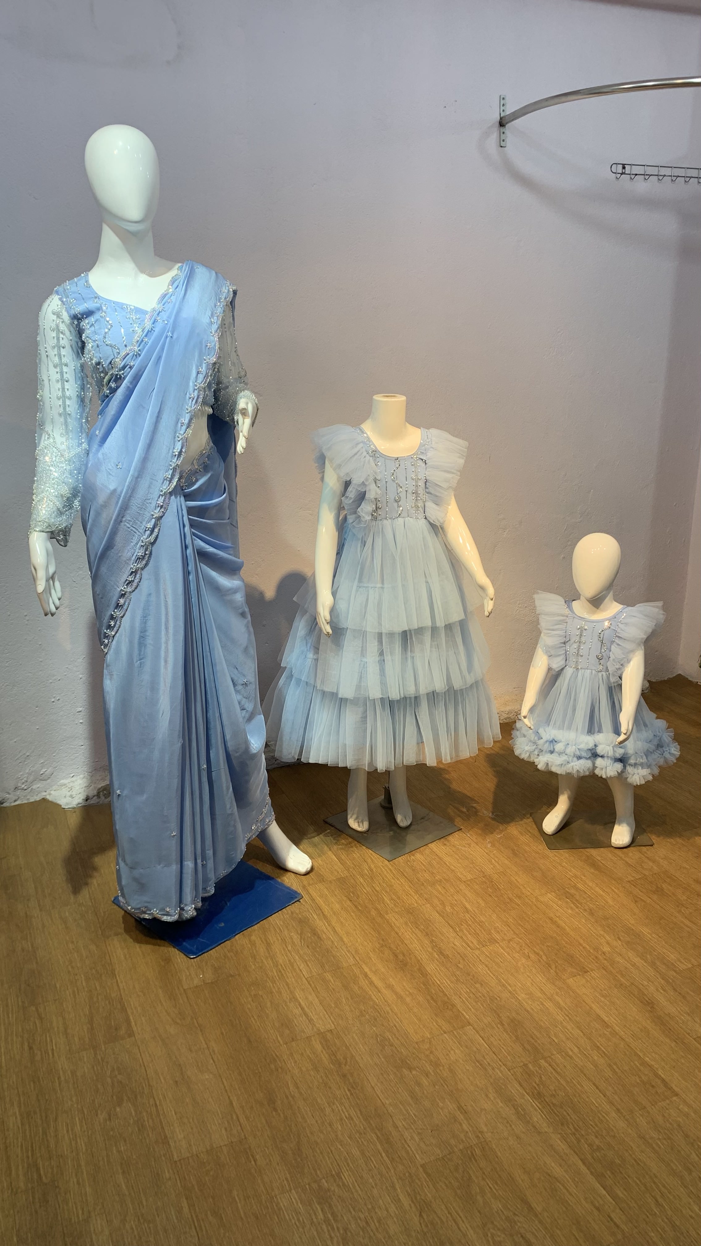 Light Blue Fendy Silk Embroidered Sari Family Set